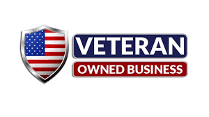 A veteran owned business logo with an american flag.