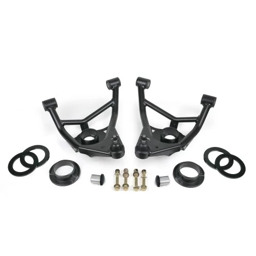 A pair of black Front Lower StrongArms | Stock Style Coil Spring | 1970-1981 Camaro / Firebird suspension parts for a car.