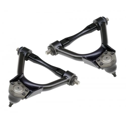 A pair of black Front Upper StrongArms | 1973-1987 C10 for the front of a car.