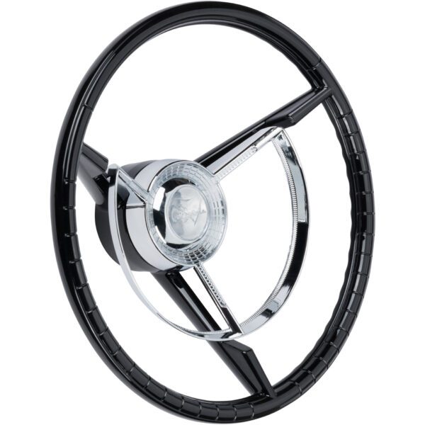 A 1956-57 Ford Thunderbird 15" steering wheel on a white background.