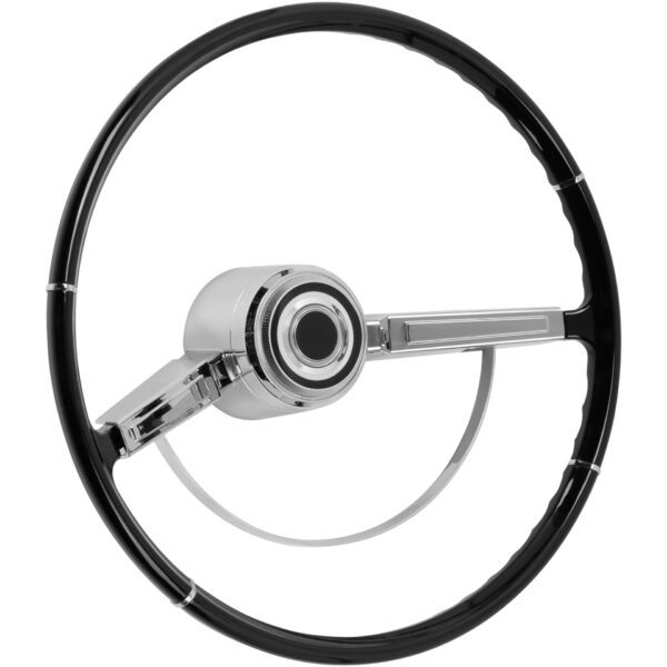 A black and chrome 1966 Chevy Chevelle 15" steering wheel on a white background.