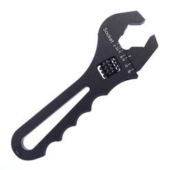 A black wrench on a white background.