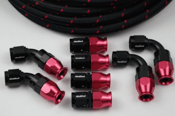 A set of AN - Nylon Braided hoses in black and red on a white background.