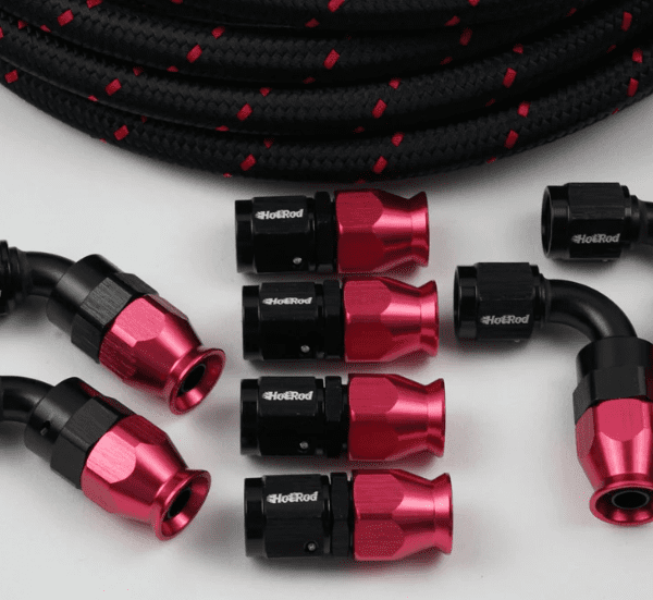 A set of AN - Nylon Braided hoses in black and red on a white background.