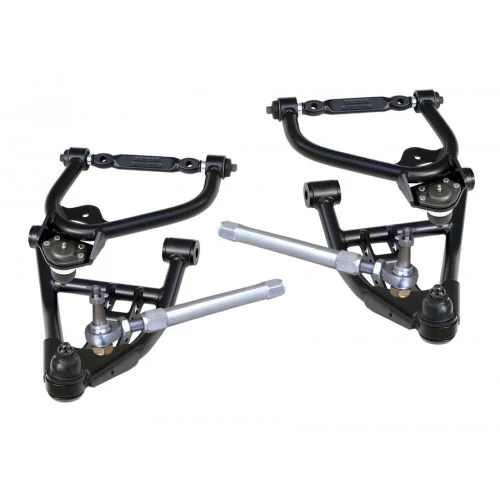 A pair of black Front TruTurn System | Coil-Over/ShockWave | 1978-1988 GM G-Body steering arms on a white background.