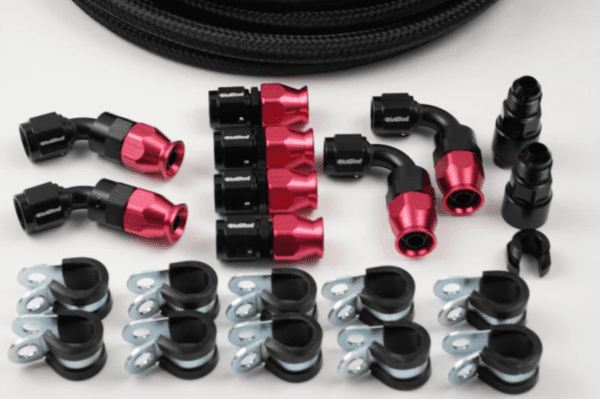 A set of black and red hoses and Return Style LS Engine Fuel Line Install Kit - AN6.