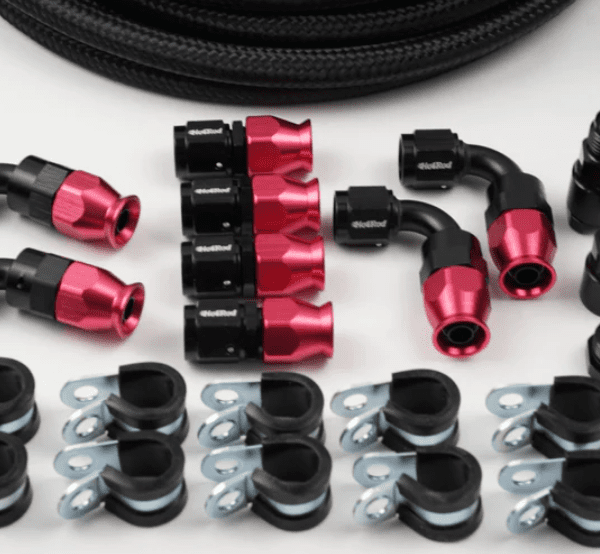 A set of black and red hoses and Return Style LS Engine Fuel Line Install Kit - AN6.